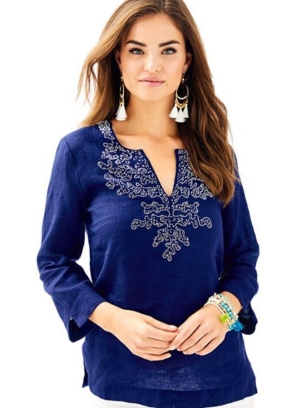 Lilly Pulitzer Navy Blue Beaded Embellished Linen Tunic Top Size S